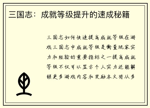 三国志：成就等级提升的速成秘籍